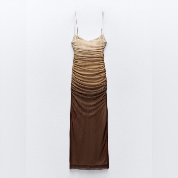 π€ ZARA Bloggers Fav Brown Tulle Ruched Midi Tube Dress. MEDIUM. Great Condition! - Picture 14 of 15